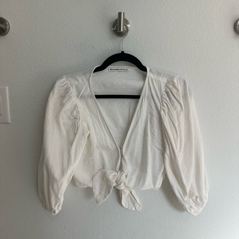 Abercrombie & Fitch White Tie-Front Puff Sleeve Blouse